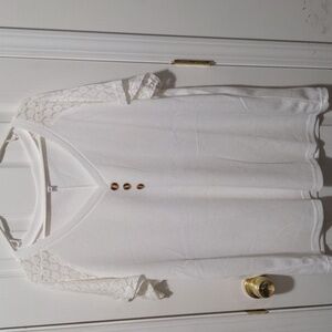 Women's Short Sleeve Casual Top with Button Accents on Front and Lace Sleeves